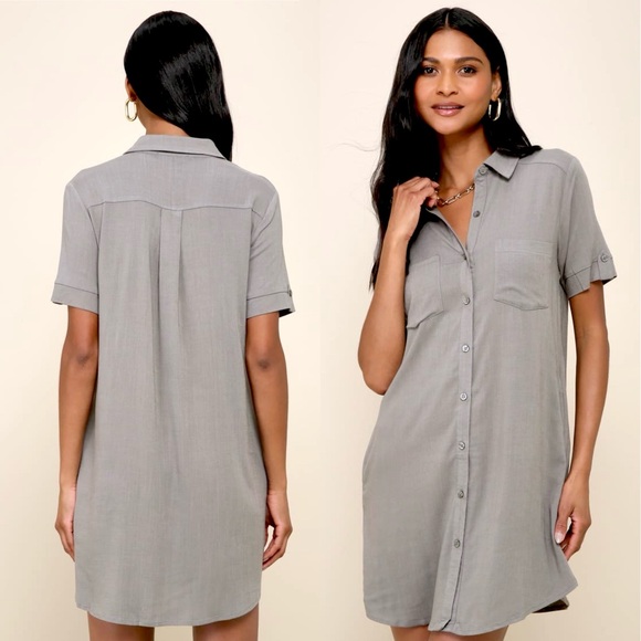 Lulus Oxford Comma Shirt Dress Womens XL Olive Gray Stretch Lagenlook Minimalist - Picture 12 of 12